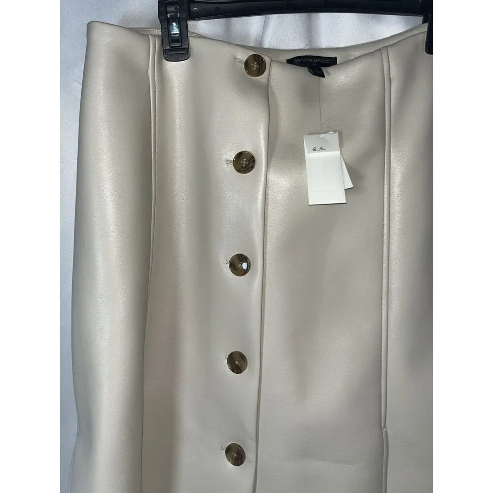 Banana Republic Seamed Vegan Leather Womens Midi Skirt Size 14 Oyster Pearl